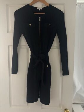 Knit Zip-Front Black Dress with Tie Waist Reiss